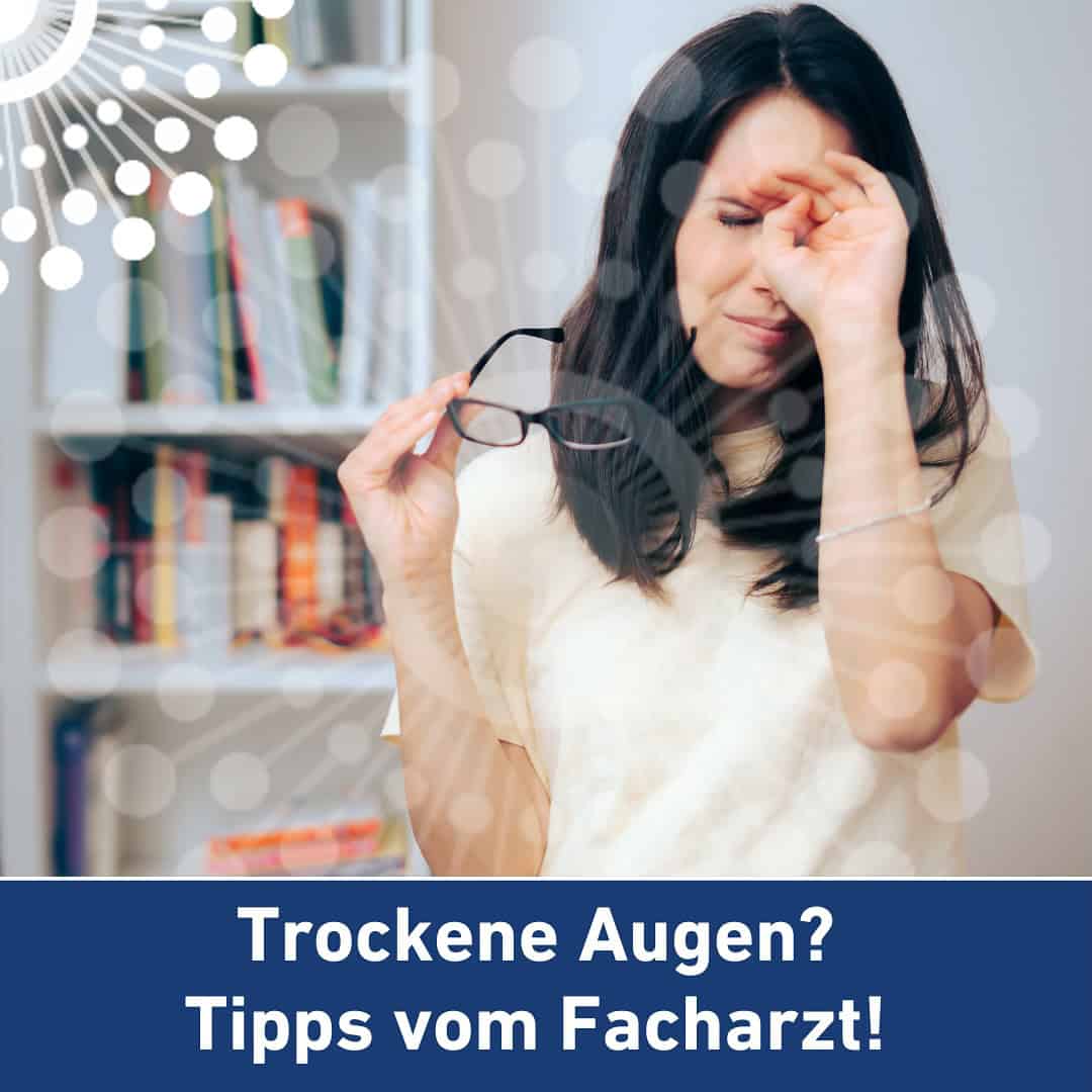 Frau mit trockenen Augen hält Brille und reibt sich die Augen.