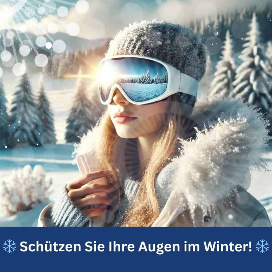 Frau mit Skibrille im verschneiten Winterwald.