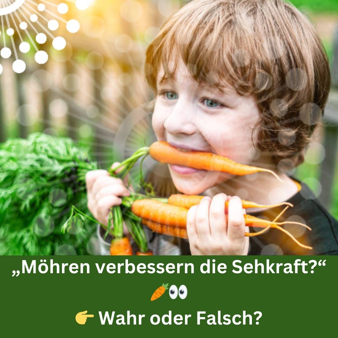 Kind mit Karotten, die die Sehkraft verbessern sollen.