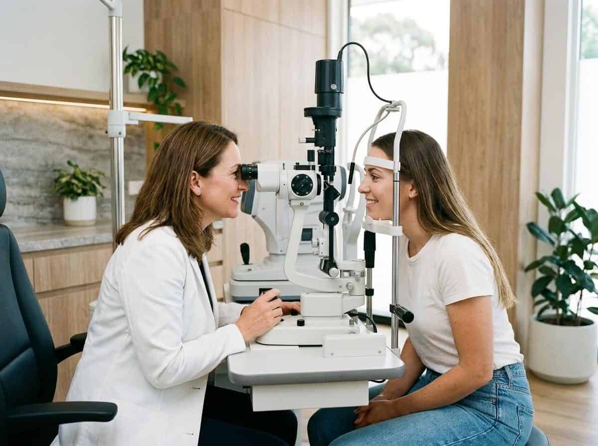 Augenärztliche Untersuchung der Lidränder an der Spaltlampe zur Diagnose einer Blepharitis