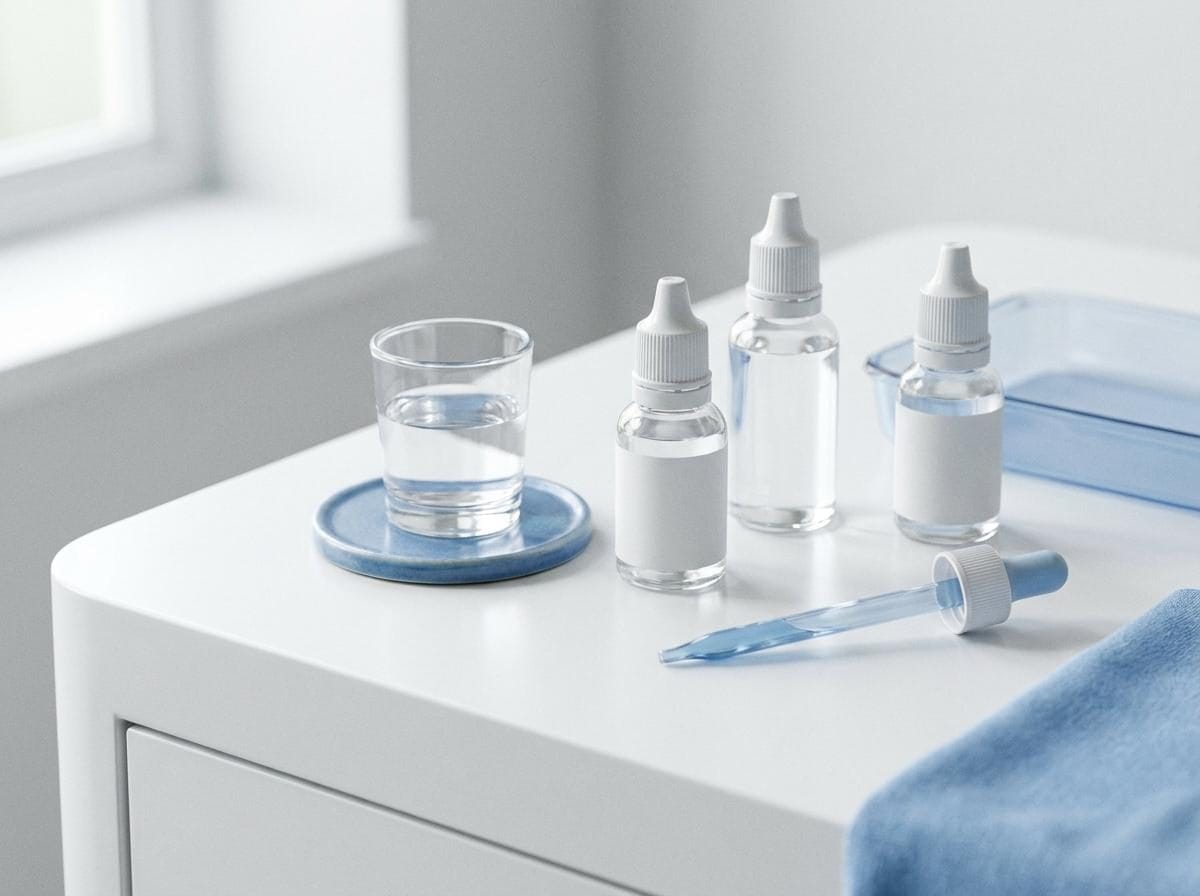 Verschiedene Augentropfen-Fläschchen mit Hyaluron und Lipiden auf hellem Hintergrund